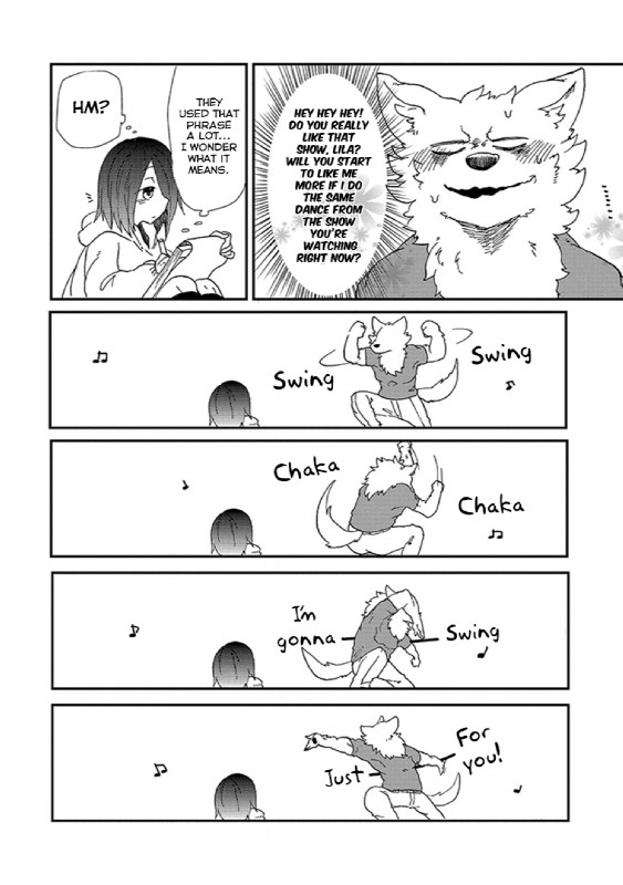 anthro dialogue duo female fur hair hair_over_eye kemono male musical_note musical_symbol one_eye_obstructed short_hair symbol text young young_female young_human yakantuzura lila_(kashiwagi_aki) zinovy canid canine canis human mammal wolf comic english_text hi_res monochrome translated