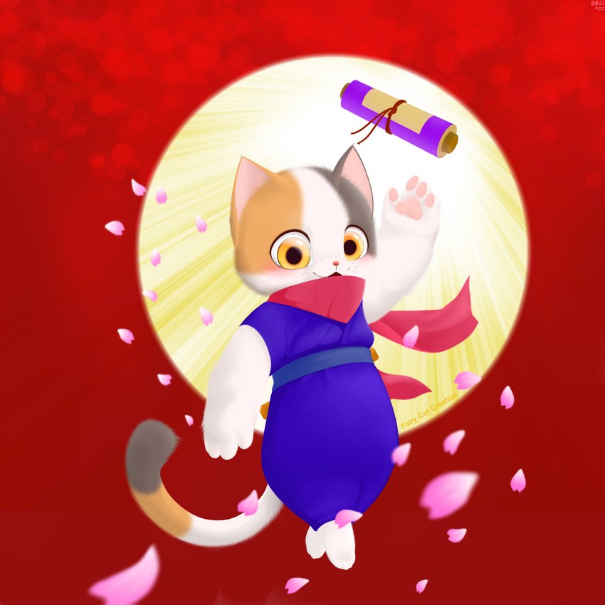 anthro blue_clothing cherry_blossom clothing female flower fur hair mottled multicolored_hair ninja orange_eyes petals piebald plant prunus_(flower) red_background red_nose scarf scroll simple_background small_nose solo warrior white_body white_fur fairycatcreation doodle_champion_island_games google google_doodle lucky_(google) calico_cat domestic_cat felid feline felis mammal 1:1 absurd_res hi_res