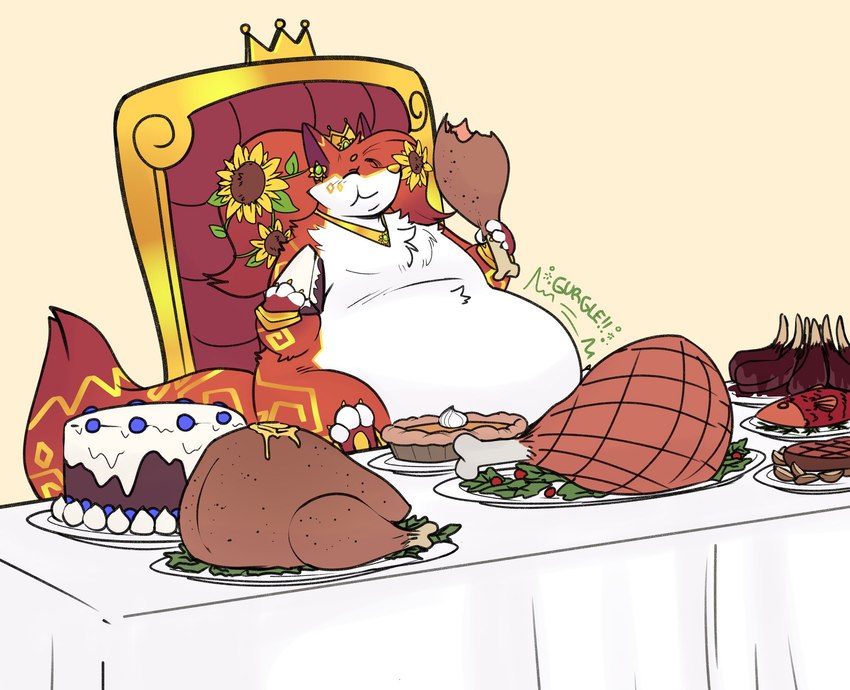 4_fingers anthro belly big_belly cake chair claws crown dessert eating fingers flower food fur furniture headgear inside male multicolored_body multicolored_fur overweight overweight_anthro overweight_male pastry pie plant red_body red_fur sitting solo sunflower table tail white_claws yellow_nose wiishyishii canid canine mammal hi_res