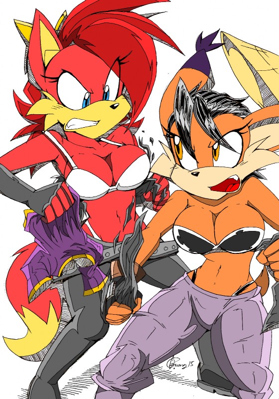 anthro big_breasts bra breasts clothing duo female fight panties torn_clothing underwear zhengfox archie_comics sega sonic_the_hedgehog_(archie) sonic_the_hedgehog_(comics) sonic_the_hedgehog_(series) conquering_storm fiona_fox canid canine felid feline fox lynx mammal 2015 hi_res