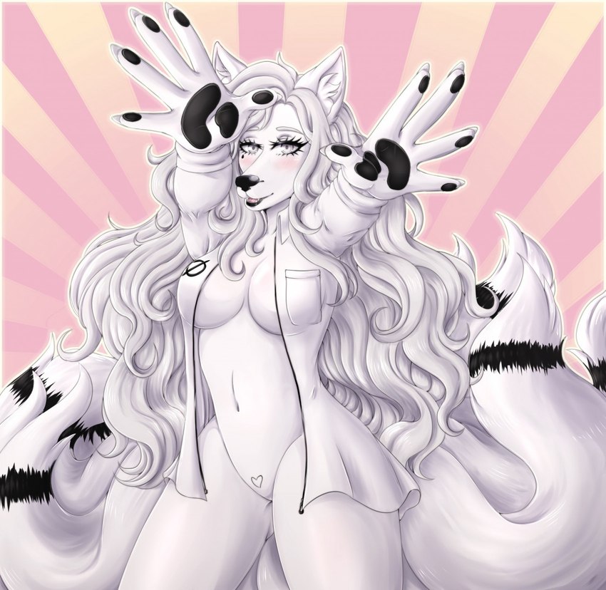 anthro big_breasts breasts female hair jojo_pose long_hair multi_tail pose simple_background solo tail tattoo t4m4r4dr4w5 una_savatore canid canine fox mammal hi_res pinup