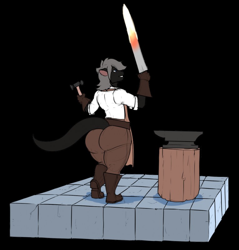 anthro anvil apron big_butt black_body black_fur blacksmith blue_eyes butt clothing curvy_figure footwear fur grey_hair hair hammer huge_butt male melee_weapon simple_background solo sword thick_thighs tools weapon wood owlizard steph_ulloa mammal mustelid otter 2017 alpha_channel digital_media_(artwork) hi_res