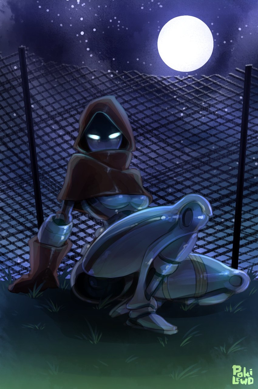 breasts chain-link_fence clothing female fence gloves glowing glowing_eyes handwear hood looking_at_viewer machine moon night not_furry outside pose sitting solo star under_boob pokilewd timesplitters gretel_(timesplitters) robot hi_res