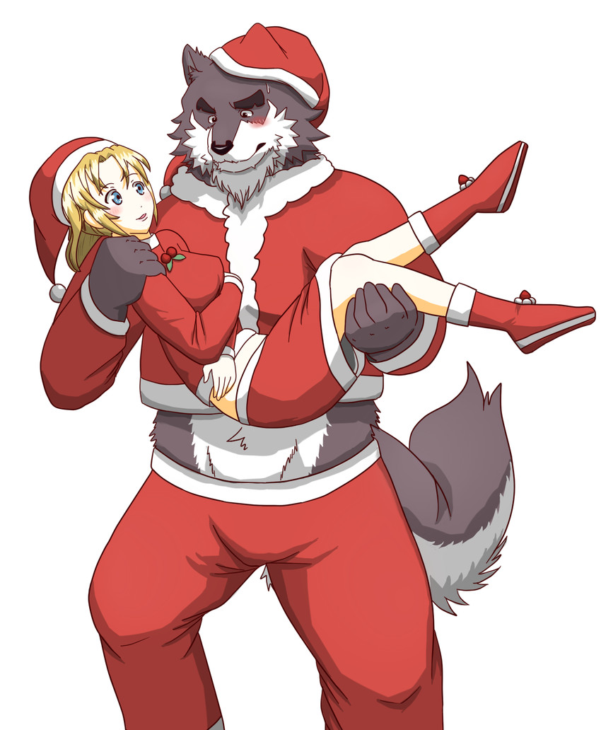 anthro blush bottomwear bulge carrying_another christmas_clothing christmas_headwear clothing duo female hat headgear headwear holidays kemono male pants santa_hat simple_background white_background kuma_(pixiv_881259) kumadasi christmas canid canine canis human mammal wolf 2009 hi_res