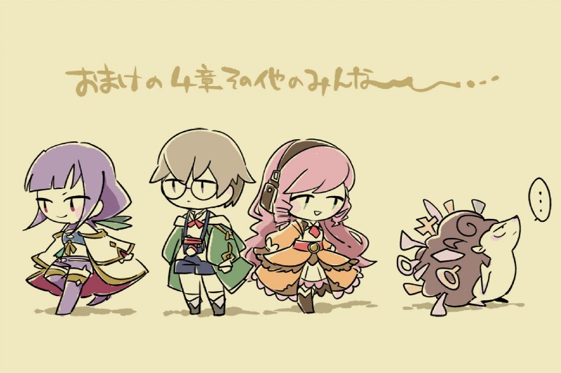 clothing eyewear female glasses group hair machine male nude pink_hair purple_hair simple_background text weapon kurumagi sdorica maria_(sdorica) eulipotyphlan hedgehog human mammal robot 3:2 japanese_text translation_request