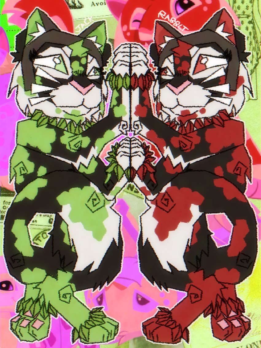 abstract_background alternate_color ambiguous_gender countershading duo fake_ears fake_ears_hairband fake_whiskers feral glistening glistening_eyes green_eyes leaf_bracelet leaf_necklace on_hind_legs pawpads paws pixelated red_eyes symmetrical_drawing jackrabbit_(artist) animal_jam wildworks commander_(jackrabbit) felid mammal pantherine snow_leopard 2025 absurd_res digital_media_(artwork) hi_res ibispaint_(artwork) signature