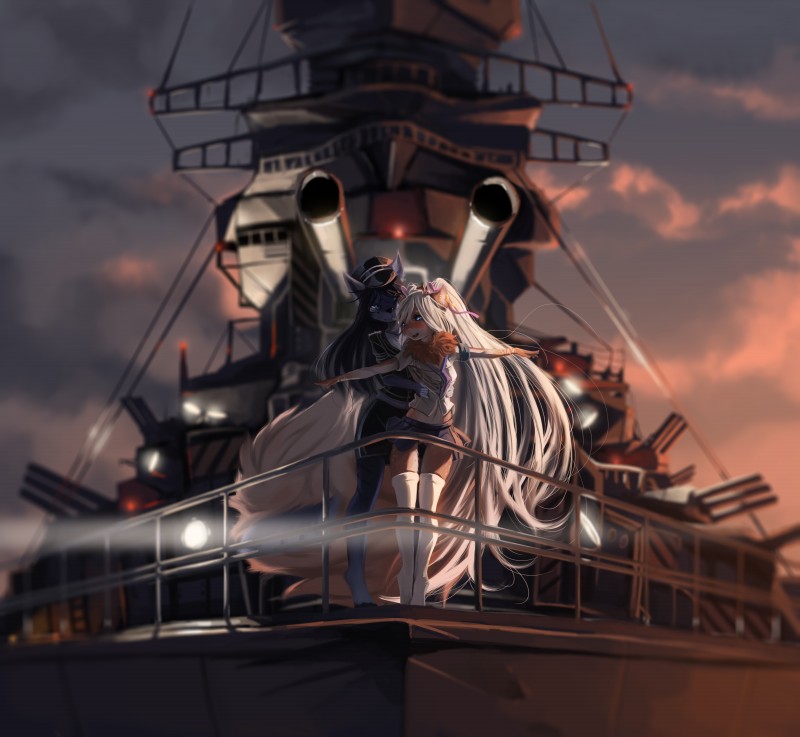 anthro barely_visible_genitalia barely_visible_pussy black_hair blonde_hair blue_eyes boat clothed clothing detailed_background duo female genitals hair long_hair pussy ship vehicle warship watercraft fruitbloodmilkshake canid canine felid mammal absurd_res hi_res