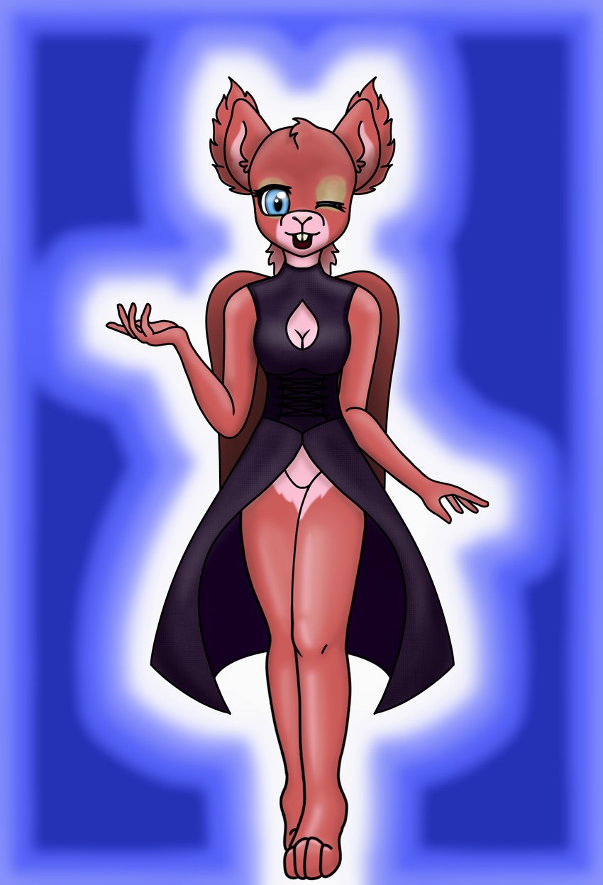 anthro black_clothing black_dress blue_background breasts cleavage clothed clothing countershading dress featureless_crotch female fur looking_at_viewer one_eye_closed pink_body pink_fur red_body red_fur simple_background smile smiling_at_viewer solo walking wink winking_at_viewer witch_costume anonymous_artist kate_hanami eurasian_red_squirrel mammal rodent sciurid tree_squirrel hi_res