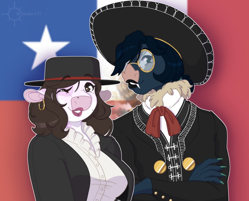 anthro chilean chilean_flag clothed clothing duo ear_piercing ear_ring eyewear female fully_clothed glasses hat headgear headwear lips looking_at_viewer male mariachi mariachi_suit one_eye_closed piercing ring_piercing sombrero wink etoilenocturne fiestas_patrias_(chile) charlie_corvinus_(charliecorvinus) ninna_(ninnasaurio) bat bovid bovine cattle hybrid leaf-nosed_bat mammal megabat microbat vampire_bat yangochiropteran