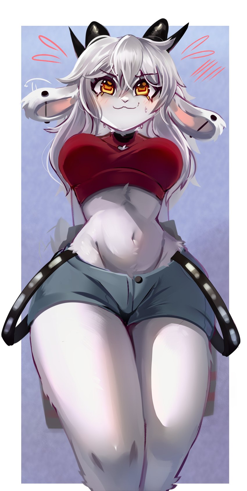 :3 accessory anthro belly big_ears blush blush_lines bodily_fluids bottomwear bovid_horn breasts caprine_horn chest_tuft clothed clothing curvy_anthro curvy_female curvy_figure denim denim_bottomwear denim_clothing denim_shorts ear_piercing female front_view glistening glistening_body goat_ears goat_horn hair hands_behind_back heart_symbol horizontal_pupils horn hourglass_figure hourglass_figured_anthro hourglass_figured_female industrial_piercing legs_together legwear long_hair looking_at_viewer low-angle_view midriff navel piercing pupils red_clothing red_topwear shadow shorts simple_background solo sweat thick_thighs topwear tuft white_body white_hair wide_hipped_anthro wide_hipped_female wide_hips yellow_eyes psibunny gwen_(cat_citrus) bovid caprine goat mammal 2023 absurd_res digital_drawing_(artwork) digital_media_(artwork) hi_res shaded