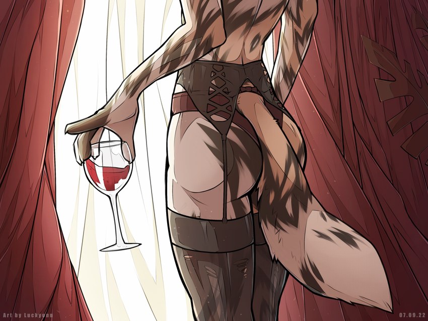 5_fingers alcohol ambiguous_gender anthro beverage big_butt biped bottomwear butt butt_pose clothing container cup curtains detailed_background detailed_fur drinking_glass faceless_ambiguous faceless_anthro faceless_character female fingers fur furgonomic_bottomwear furgonomic_underwear furgonomics glass glass_container glass_cup holding_glass holding_object inside light lingerie mostly_nude mostly_nude_anthro multicolored_body multicolored_butt multicolored_fur pear-shaped_figure plant pose rear_view solo standing text torn_bottomwear torn_clothing torso_shot wide_hips wine wine_glass luckyonn sola_(luckyonn) african_wild_dog canid canine mammal 2022 artist_name cel_shading dated detailed hi_res lighting shaded female_(lore)