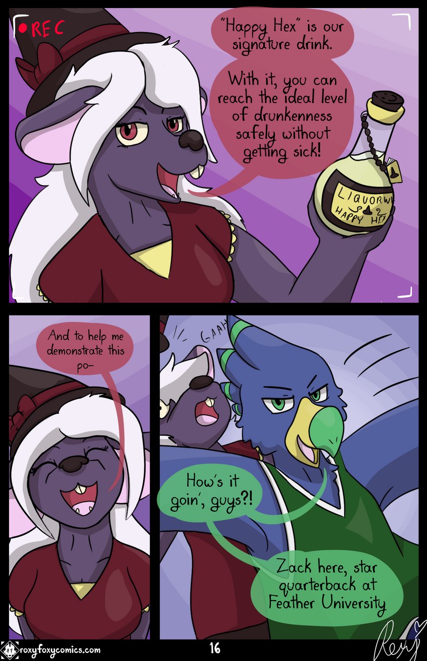 alcohol anthro beverage clothed clothing duo female jock magic_user male potion rude shove text witch roxythefoxy avian bird mammal murid murine parrot rat rodent comic english_text hi_res url