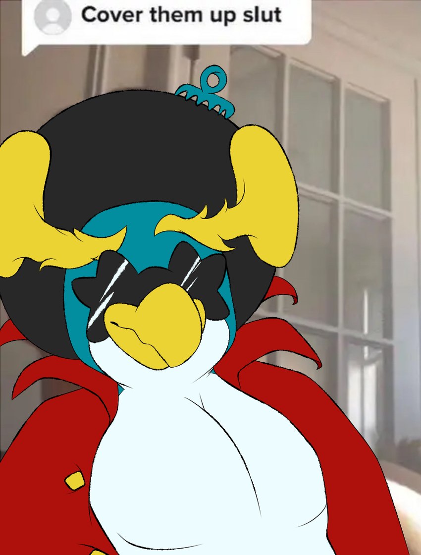 afro anthro beak big_pecs black_hair blue_body blue_feathers eyewear feathers hair looking_at_viewer male pecs solo sunglasses text firethekitty a_hat_in_time cover_them_up_slut dj_grooves avian bird penguin english_text