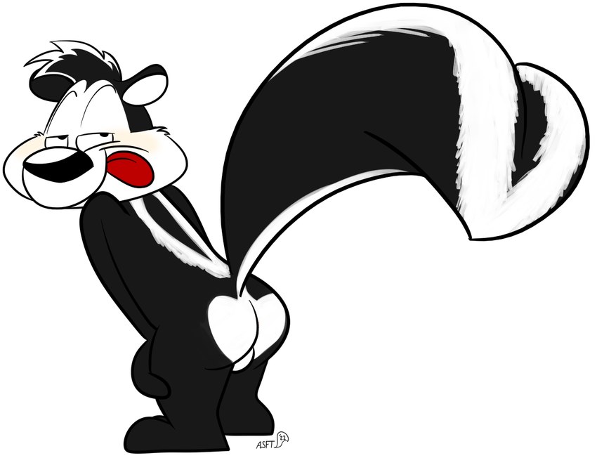 anthro balls blush butt genitals male mooning presenting presenting_hindquarters raised_tail smug solo tail tongue tongue_out squirrelfromthesouth looney_tunes warner_brothers pepe_le_pew mammal mephitid skunk striped_skunk