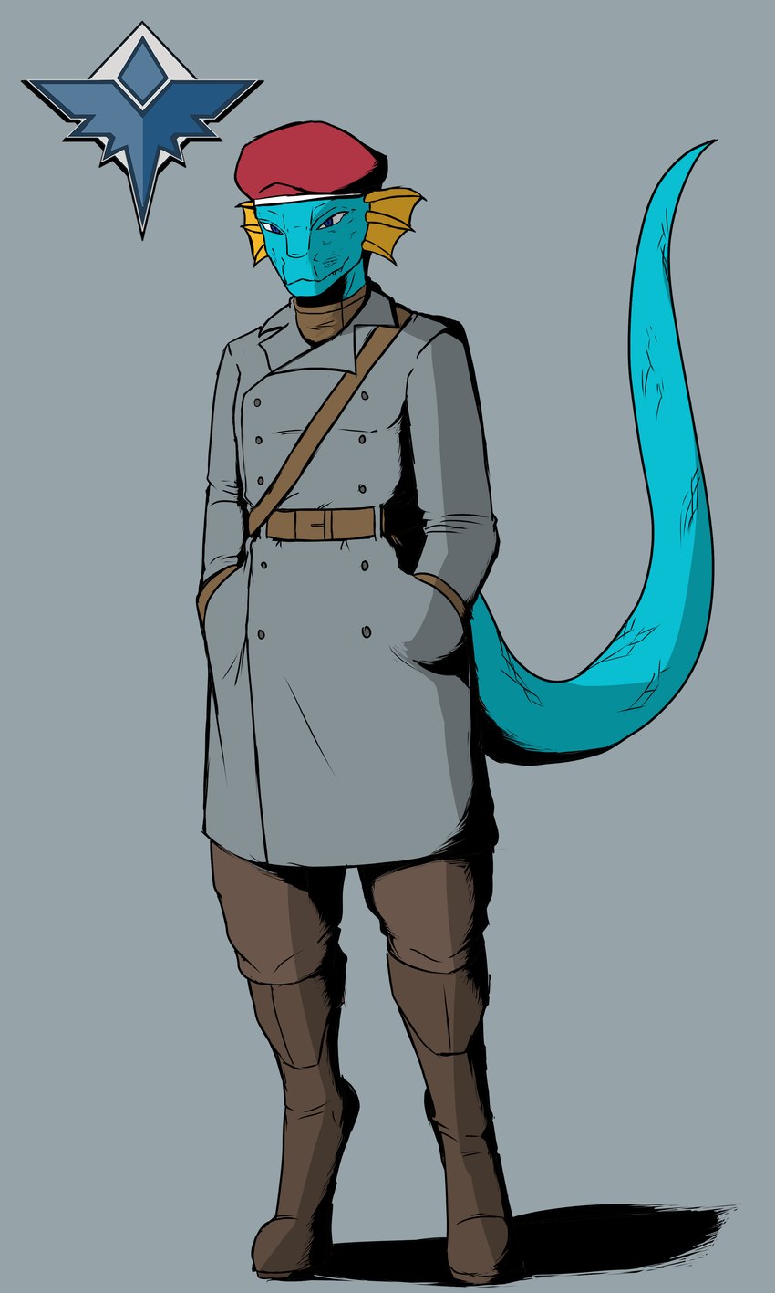 anthro belt beret blue_body blue_eyes blue_scales boots bottomwear clothed clothing footwear frill_(anatomy) fully_clothed hands_in_both_pockets hat headgear headwear male overcoat pants pockets scales shoes solo tail uniform warden_uniform the_man foxhole:_persistant_online_warfare space_station_13 srusu_rskuzu_(character) lizard reptile scalie unathi 3:5 absurd_res hi_res