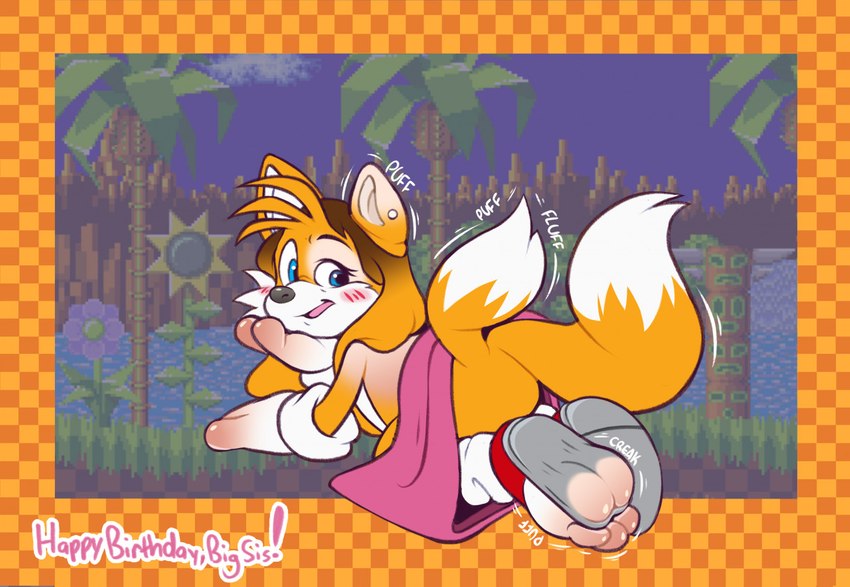 2_tails anthro blush ftm_transformation gender_transformation looking_at_viewer looking_back male multi_tail solo species_transformation tail transformation pinksundae sega sonic_the_hedgehog_(series) foxxy_(foxxy-tf) miles_prower canid canine fox mammal