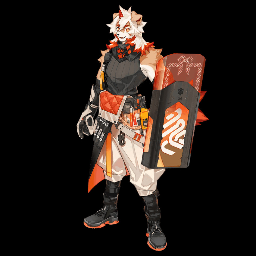 anthro clothing countershading fur hair horn male multicolored_body multicolored_fur multicolored_hair orange_body riot_shield simple_background solo transparent_background white_body white_fur white_hair kuroblood arknights hypergryph studio_montagne hung_(arknights) canid canine canis domestic_dog mammal 1:1 alpha_channel