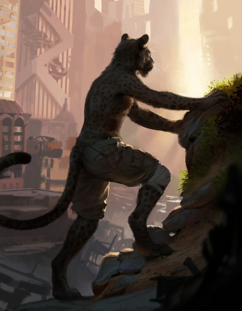 anthro arm_support athletic athletic_anthro athletic_male bandage biped black_body black_fur blood bodily_fluids bottomwear building city cityscape clothed clothing detailed_background digitigrade fur grass male markings melanistic outside plant post-apocalyptic rock shorts solo spots spotted_body spotted_fur topless whiskers hax_(artist) kenket lofi nyeusi_(taabu) felid leopard mammal pantherine 2016 detailed digital_media_(artwork) hi_res