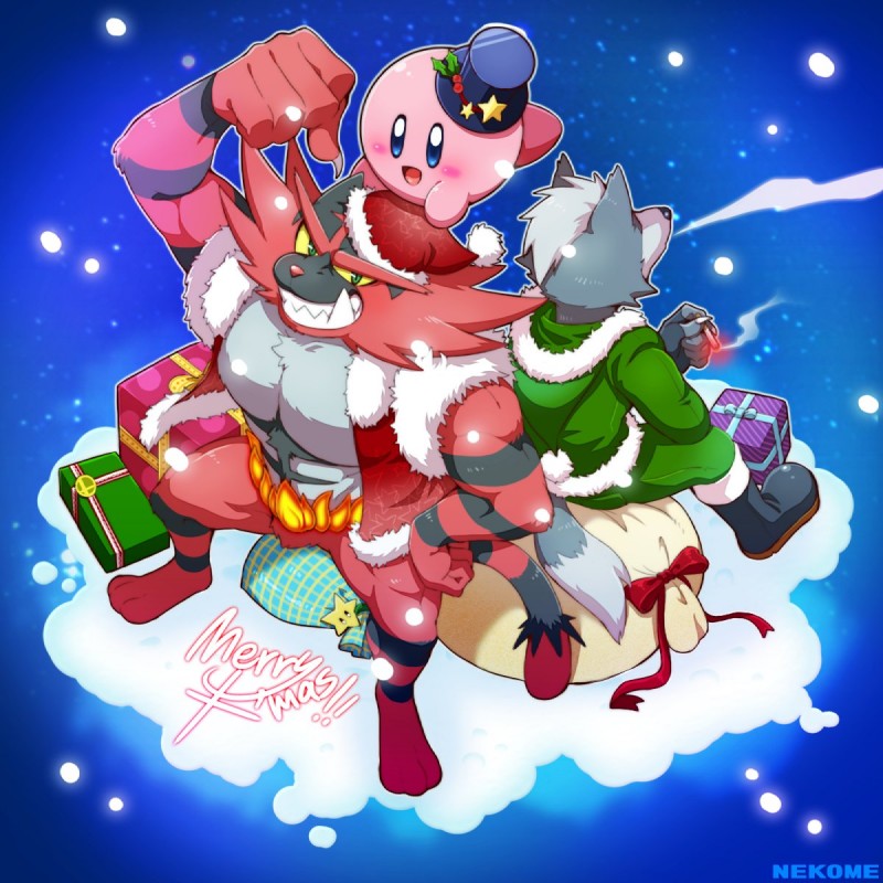 ambiguous_gender anthro christmas_clothing christmas_headwear cigarette clothed clothing flexing fur gift group hat headgear headwear holidays looking_at_viewer male muscular muscular_male pecs santa_hat smile snow teeth kemo_nuko christmas kirby_(series) nintendo pokemon star_fox super_smash_bros. super_smash_bros._ultimate kirby wolf_o'donnell alien canid canine canis felid generation_7_pokemon incineroar mammal pokemon_(species) wolf 1:1 2018 hi_res