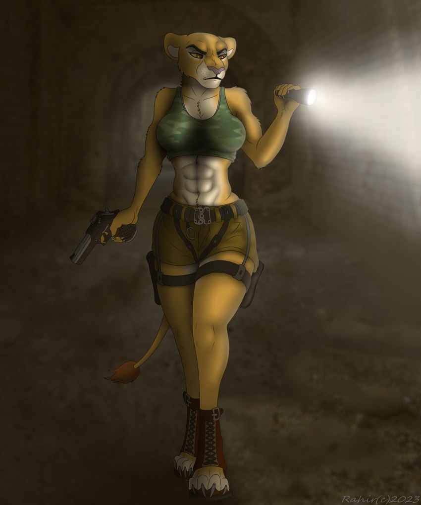 abs adventure anthro clothing crop_top dark female flashlight gun paws pose ranged_weapon shirt solo tomb topwear weapon felid lion mammal pantherine 5:6 digital_media_(artwork) hi_res