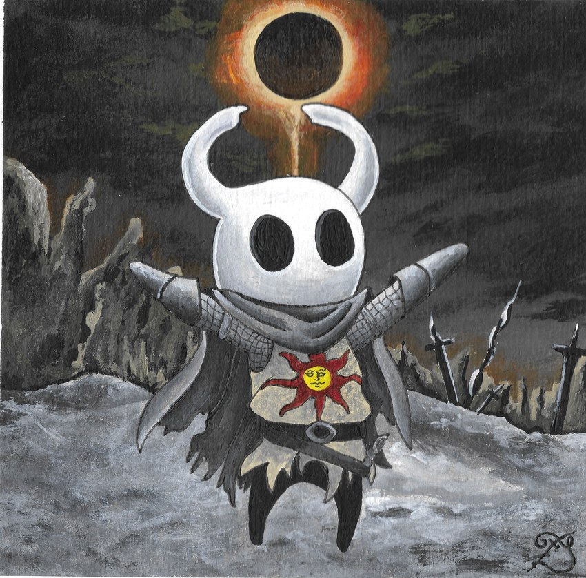 2_horns ambiguous_gender armor black_eyes black_legs clothed clothing cloud horn mouthless noseless outside pose sky solo standing white_head oxyartspro dark_souls fromsoftware hollow_knight inktober inktober_2024 praise_the_sun_(meme) team_cherry the_knight_(hollow_knight) humanoid vessel_(species) 2024 absurd_res acrylic_painting_(artwork) hi_res meme traditional_media_(artwork)