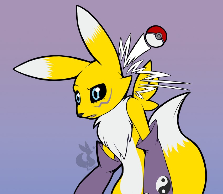 ambiguous_gender anthro pokeball simple_background solo white_body yellow_body mancoin bandai_namco digimon nintendo pokemon canid canine digimon_(species) mammal renamon digital_media_(artwork) hi_res