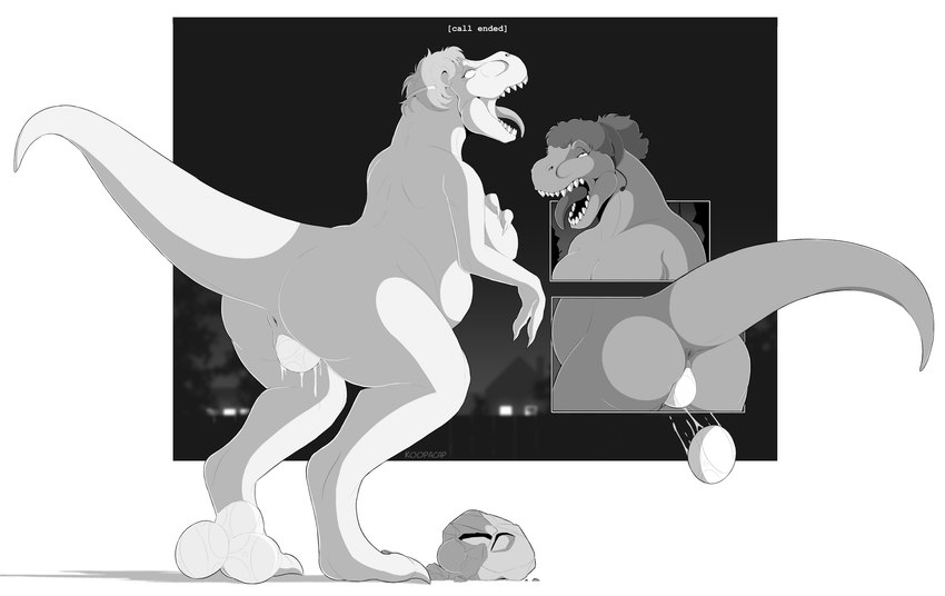 anthro anus big_breasts biped blurred_background bodily_fluids border breasts butt butt_close-up digitigrade duo duo_transformation egg egg_from_pussy electronics eyes_closed female genital_fluids genitals hair headgear headphones headset human_to_anthro looking_pleasured night nipples non-mammal_breasts non-mammal_hair non-mammal_nipples non-mammal_pussy nude nude_anthro nude_female open_mouth outside oviposition phone_call ponytail pregnant pregnant_anthro pregnant_female pussy pussy_juice_string raised_tail rubble sharp_teeth species_transformation standing tail teeth text tongue tongue_out transformation vaginal_fluids white_border wide_crotch koopacap dinosaur prehistoric_species reptile scalie theropod tyrannosaurid tyrannosauroid tyrannosaurus tyrannosaurus_rex 2023 absurd_res artist_name english_text hi_res monochrome