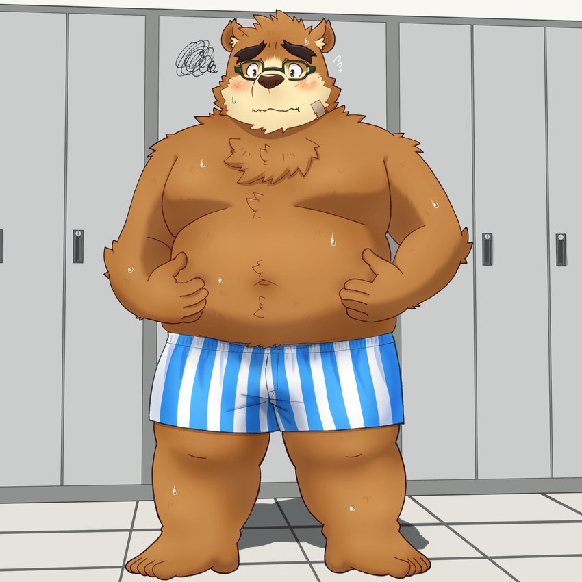 anthro band-aid bandage belly blush bodily_fluids boxers_(clothing) brown_body brown_fur clothing eyewear fur glasses humanoid_hands kemono male moobs navel overweight overweight_male solo sweat underwear yaki_atsuage lifewonders tokyo_afterschool_summoners volos_(tas) bear mammal 1:1 2023 hi_res