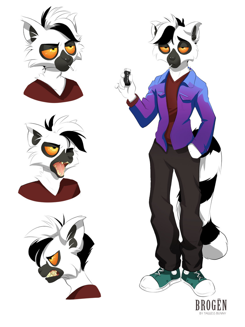 angry anthro biped bottomwear candy cigarette clothed clothing dessert eyebrows facial_expressions fluffy fluffy_tail food footwear fully_clothed fur fur_markings hair jacket legwear lighter looking_at_viewer male markings neutral_expression open_mouth orange_eyes pants pockets shirt shoes short_ears short_hair simple_background smoking sneakers solo standing tail teeth tongue toony topwear white_background white_body white_fur taillessbunny brogen_(taillessbunny) lemur mammal primate strepsirrhine 2020 3:4 black_and_white bust_portrait digital_media_(artwork) expression_sheet full-length_portrait hi_res model_sheet monochrome portrait