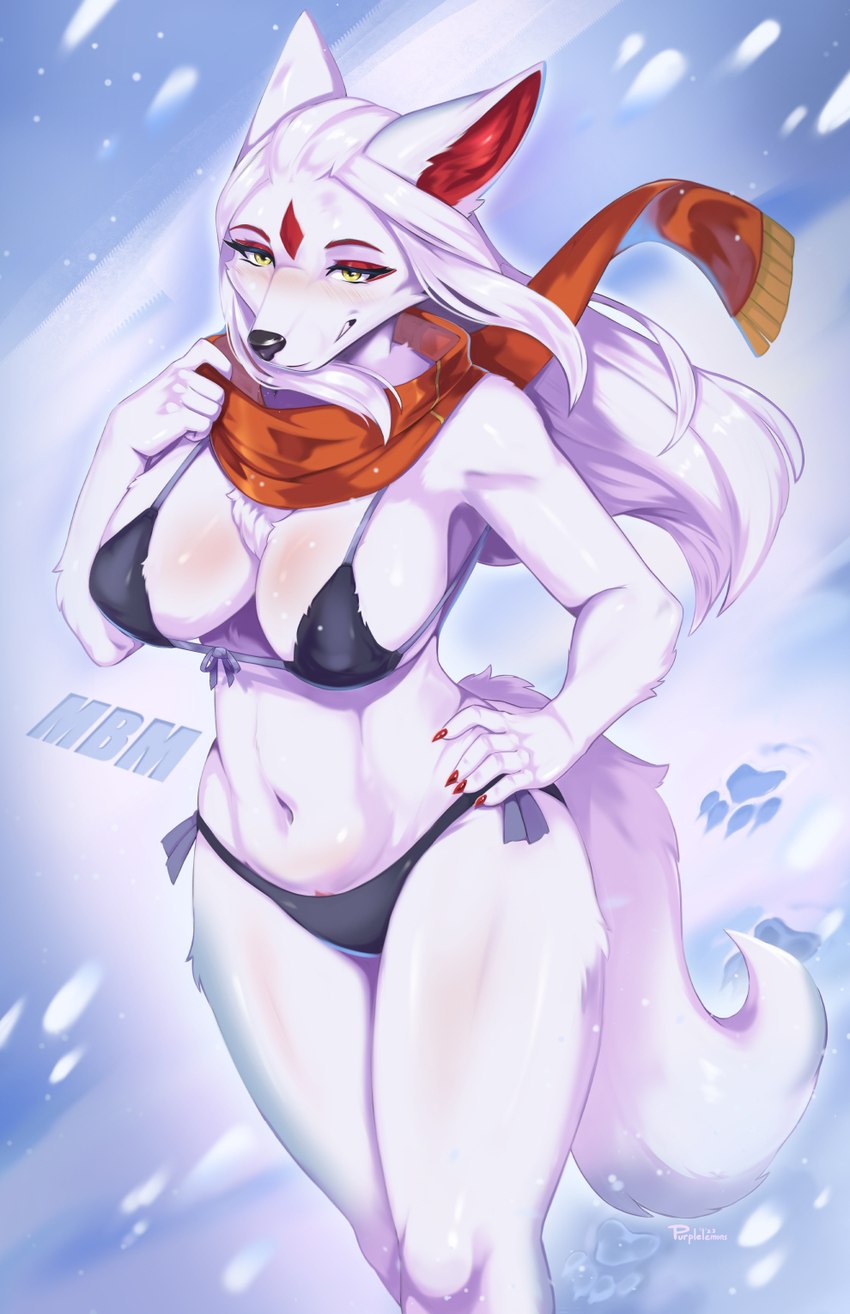 5_fingers anthro bikini black_bikini black_clothing black_swimwear breasts clothed clothing female fingers fur hair hand_on_hip inner_ear_fluff long_hair navel scarf snow solo swimwear tail tuft two-piece_swimsuit white_body white_fur white_hair purplelemons satomi_(purplelemons) canid canine fox mammal 2023 hi_res