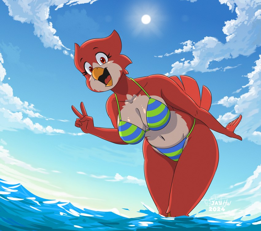 anthro beak big_breasts bikini breasts clothing collarbone eyebrows eyelashes feathers female gesture hand_gesture leaning leaning_forward navel non-mammal_breasts open_beak open_mouth outside pattern_bikini pattern_clothing pattern_swimwear red_body red_eyes red_feathers seaside solo striped_bikini striped_clothing striped_swimwear stripes sun swimwear two-piece_swimsuit v_sign water white_body white_feathers wide_hips sammfeatblueheart blossom_(chickhawk96) avian bird 2024 hi_res