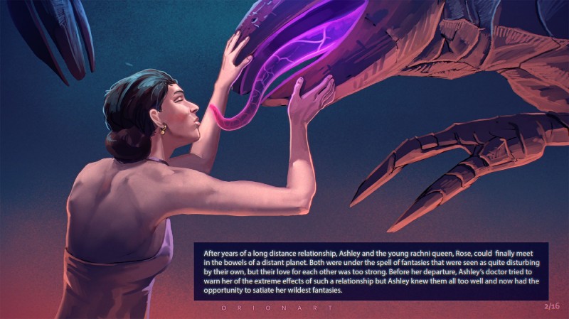 clothing duo eyes_closed female female/female human_focus interspecies kissing neon not_furry_focus simple_background teratophilia text text_box tongue orionart bioware electronic_arts mass_effect ashley_williams alien human mammal rachni rachni_queen digital_media_(artwork) english_text hi_res