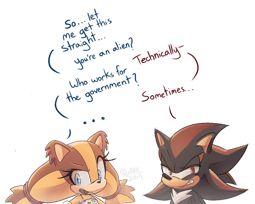 annoyed anthro black_nose blue_eyes blue_text brown_body brown_fur chest_tuft dialogue duo ellipsis eyebrows eyelashes female fur hair male open_mouth question_mark red_eyes red_text simple_background teeth text tuft white_background quark19601 sega sonic_boom sonic_the_hedgehog_(series) shadow_the_hedgehog sticks_the_jungle_badger badger eulipotyphlan hedgehog mammal mustelid musteline 2019 5:4 digital_media_(artwork) english_text signature