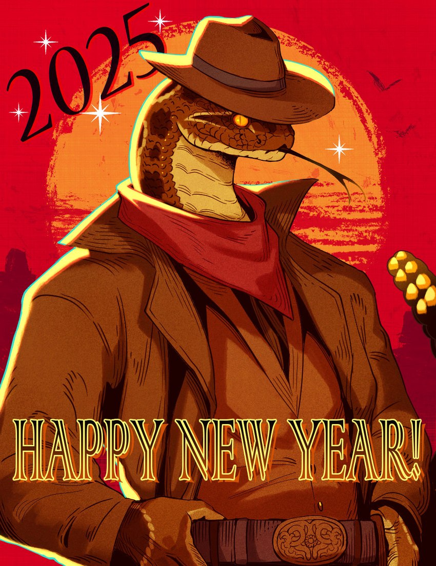 anthro clothed clothing cowboy cowboy_hat forked_tongue hat headgear headwear red_scarf scarf solo sunset tongue satoru6514 chinese_zodiac new_year_2025 year_of_the_snake pit_viper rattlesnake reptile scalie snake viper 2025 colored hi_res