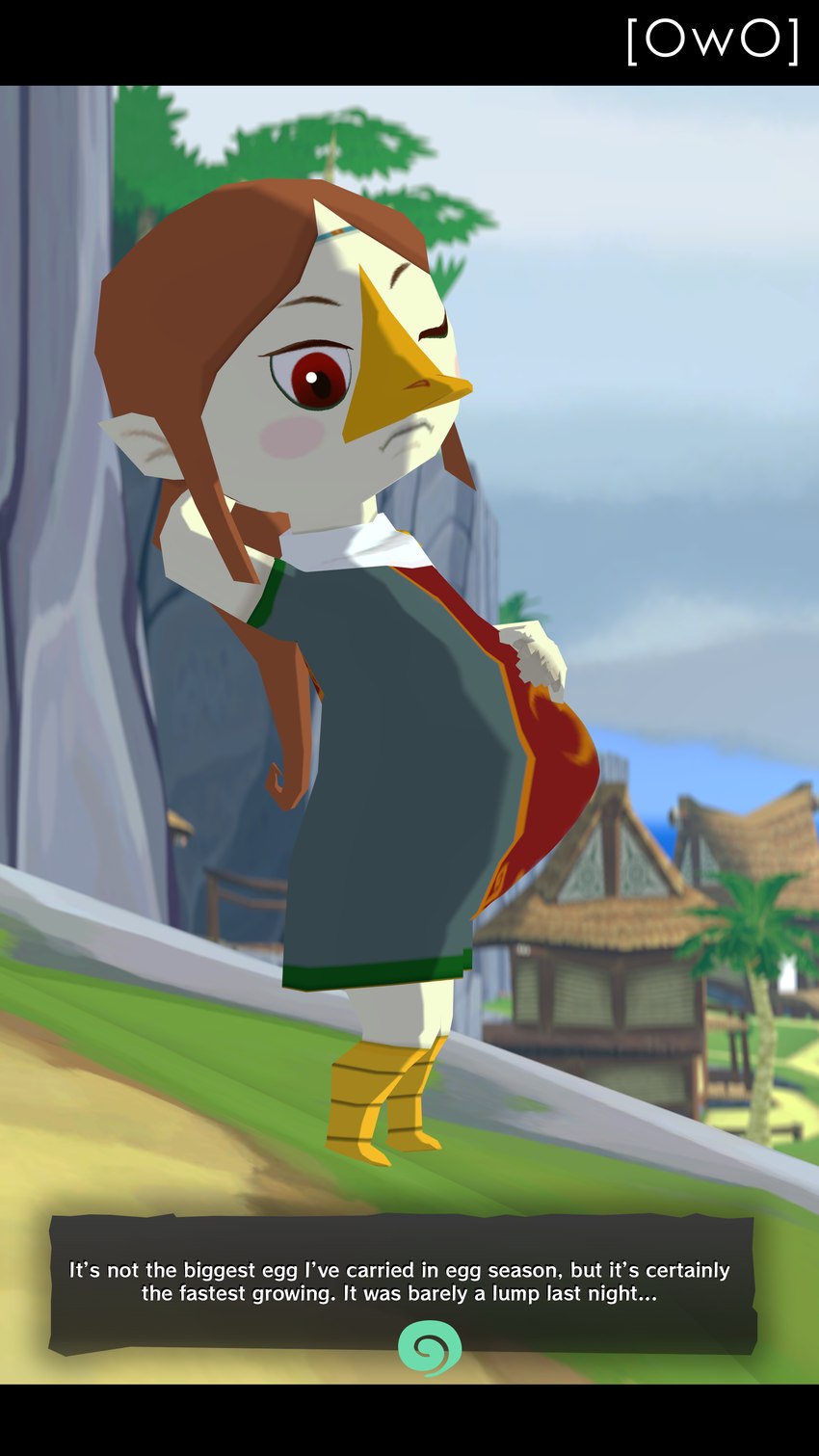 beak black_bars brown_hair dialogue eggnant female frown gameplay_mechanics hair hand_behind_head hand_on_belly looking_down outside pregnant red_eyes solo style_emulation text owo_sfm nintendo the_legend_of_zelda wind_waker medli animal_humanoid avian avian_humanoid humanoid rito rito_humanoid 3d_(artwork) 4k 9:16 absurd_res digital_media_(artwork) english_text hi_res letterbox source_filmmaker_(artwork)