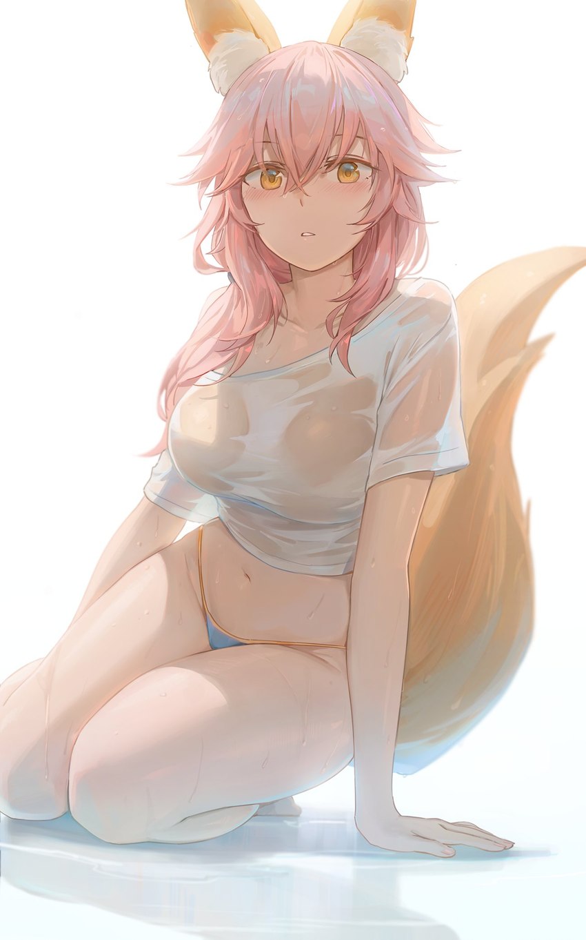 blush clothed clothing eyebrow_through_hair eyebrows female hair inner_ear_fluff looking_at_viewer navel off_shoulder open_mouth panties pink_hair shirt simple_background solo topwear translucent translucent_clothing translucent_hair tuft underwear wet wet_clothing wet_shirt wet_topwear white_background yellow_eyes free_style fate_(series) type-moon caster_tamamo-no-mae animal_humanoid canid canid_humanoid canine canine_humanoid cat_humanoid felid felid_humanoid feline feline_humanoid fox_humanoid humanoid mammal mammal_humanoid hi_res