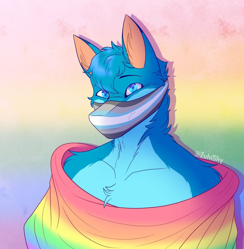 anthro blue_body blue_eyes blue_fur blue_hair demiboy_pride_colors face_mask flag flag_(object) fur hair lgbt_pride looking_at_viewer male pride_color_background pride_color_face_mask pride_color_flag pride_colors rainbow_flag rainbow_pride_colors rainbow_pride_flag rainbow_symbol simple_background six-stripe_rainbow_pride_colors solo wearing_flag zuhishy folfy_blue canid canine hybrid mammal hi_res