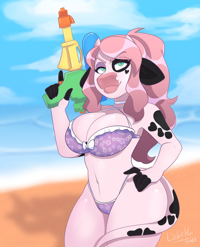 anthro beach big_breasts black_body black_fur black_spots breasts cleavage clothed clothing cloud eyelashes eyeshadow female fur green_eyes hair hand_on_hip heart_(marking) horn huge_breasts makeup markings navel pink_body pink_fur pink_hair purple_clothing purple_eyeshadow purple_swimwear sea seaside sky smile solo spots swimwear thick_thighs toy toy_gun water water_gun water_pistol wide_hips paeonypetals rose_belle_(paeonypetals) bovid bovine cattle mammal absurd_res hi_res