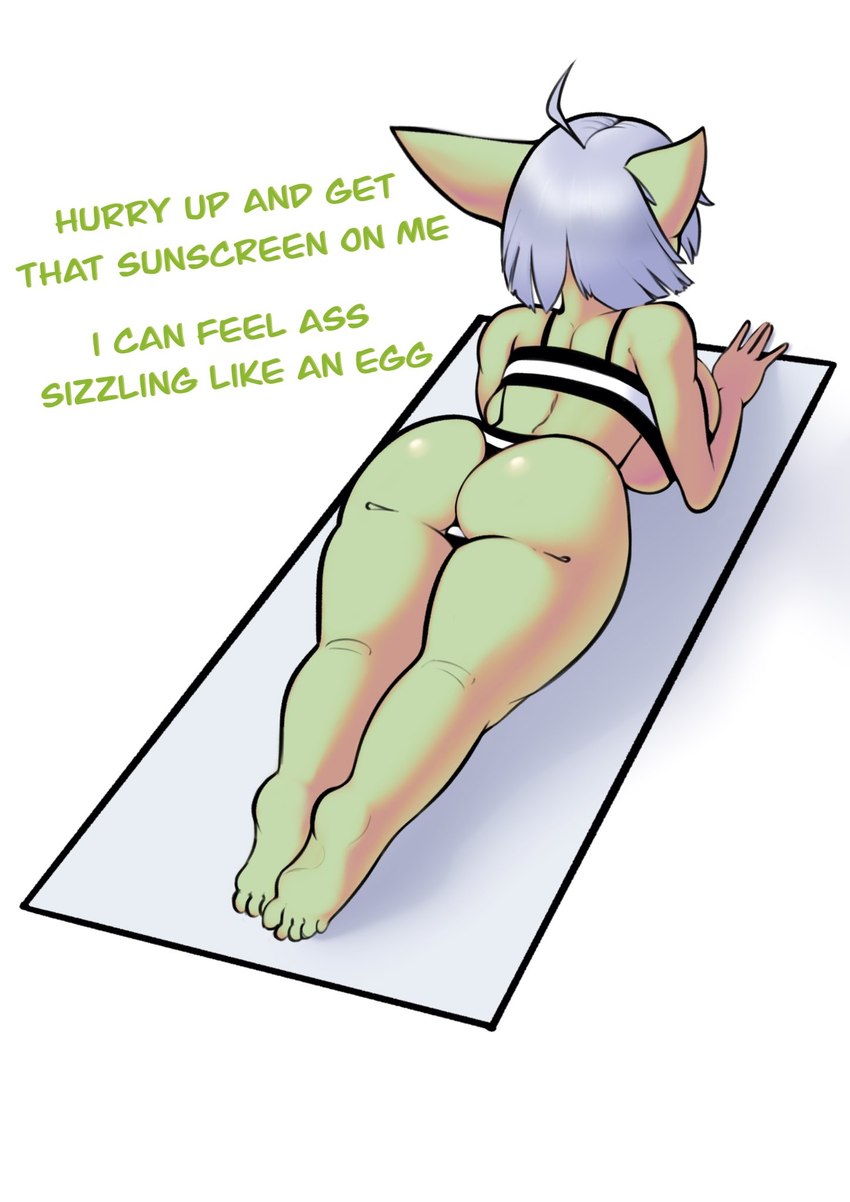 ahoge big_breasts big_butt big_ears bikini bikini_bottom bikini_top breasts butt clothing curvy_figure female green_body green_skin grey_hair hair lying not_furry on_front short_hair short_stack simple_background solo swimwear text towel two-piece_swimsuit wide_hips kissiapeia goblin humanoid english_text hi_res