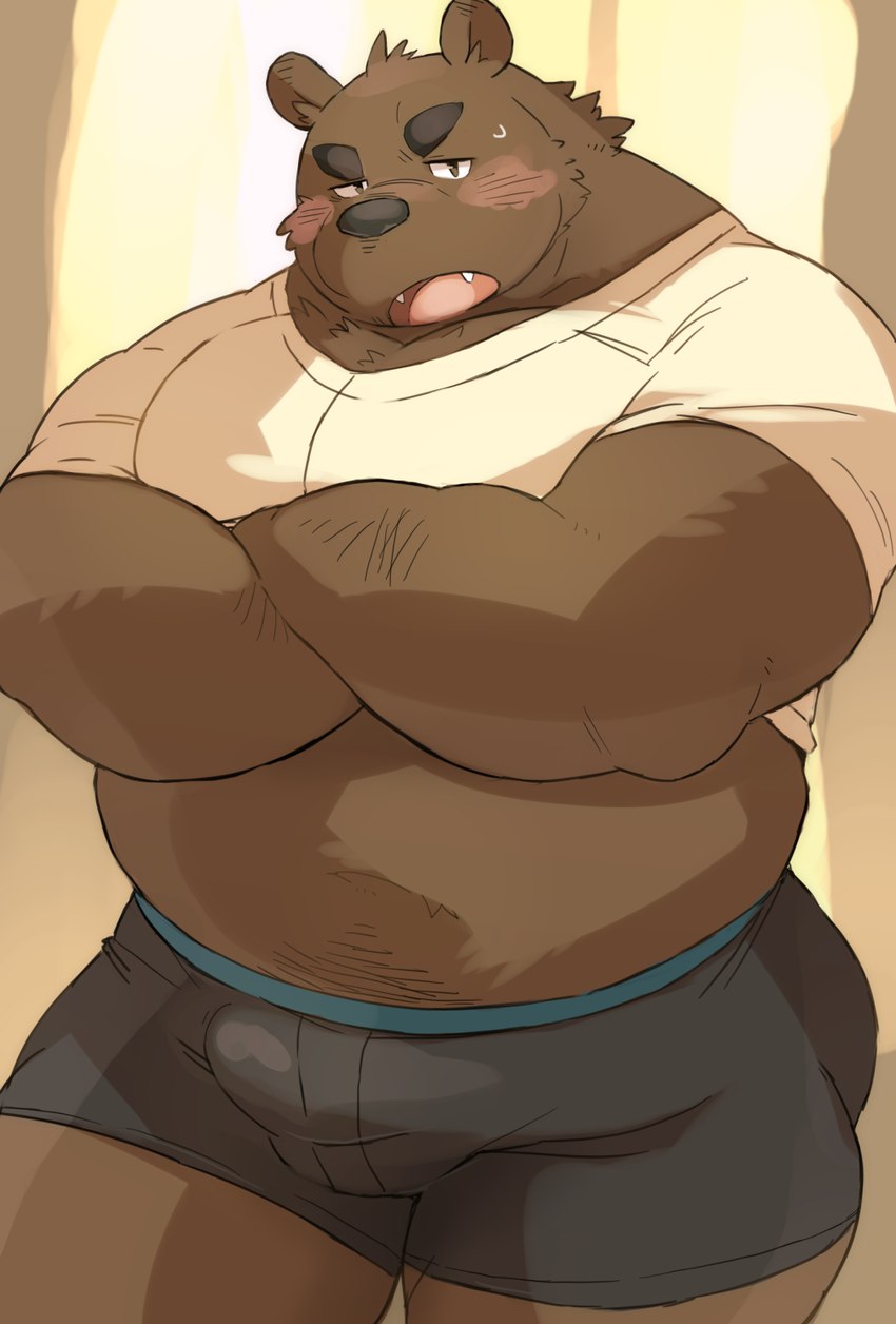 anthro belly blush brown_body brown_nose bulge clothing detailed_bulge genital_outline kemono male musclegut muscular overweight overweight_male penis_outline shirt solo topwear underwear ayame42612 bear mammal 2022 hi_res