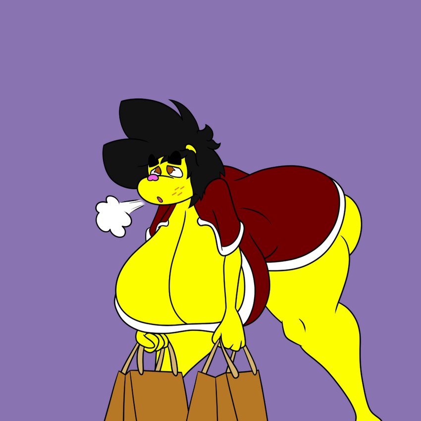 anthro bag big_breasts big_butt black_hair breasts brown_eyes butt female hair huge_breasts huge_butt sight solo tired yellow_body kuge piku_(kuge) caviid guinea_pig mammal rodent 1:1 hi_res