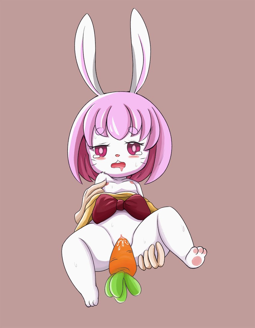 ambiguous_gender anthro blush bodily_fluids breasts carrot carrot_in_pussy clitoris clothed clothing duo female female/ambiguous food food_fetish food_in_pussy food_insertion food_play fur genital_fluids genitals hair improvised_sex_toy loli nervous nipples partially_clothed penetration pink_hair plant pussy small_breasts sweat tears vaginal vaginal_fluids vaginal_penetration vegetable white_body white_fur young young_anthro bigmi_nono spicylotor yakami_hime_anime shirousagi lagomorph leporid mammal rabbit hi_res