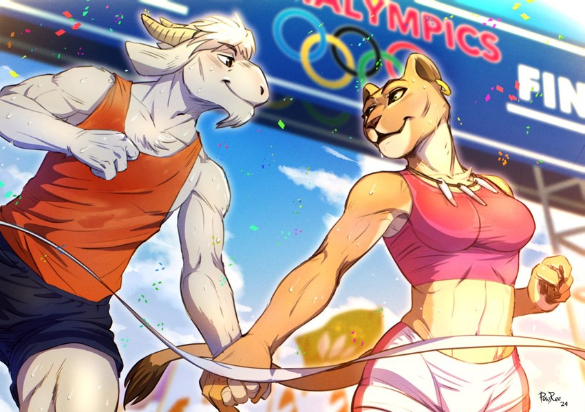 anthro bodily_fluids breasts duo ear_piercing ear_ring eye_contact female finish_line fur hand_holding horn looking_at_another male male/female midriff olympic_rings piercing race ring_piercing romantic romantic_couple smile sweat tan_body tan_fur track_and_field white_body white_fur powree animalympics olympics kit_mambo rene_fromage bovid caprine felid goat lion mammal pantherine 2024 hi_res