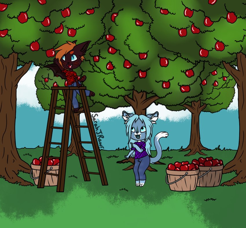 anthro apple apple_tree blue_eyes blue_hair bottomwear clothing dipstick_ears dipstick_tail ear_markings female food fruit fruit_picking fruit_tree fur hair ladder markings membrane_(anatomy) multicolored_ears orange_hair orchard pants plant red_body shirt stripes tail tail_markings topwear tree wings sarahjrawr coren_(desertwandererr) solaris_(jaggedkat) bat domestic_cat felid feline felis hybrid lynx mammal digital_media_(artwork)