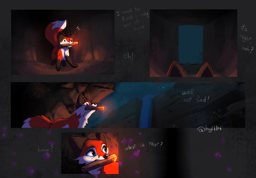 ambiguous_gender black_nose blue_eyes brown_body brown_fur cave detailed_background dialogue feral fur night nude object_in_mouth orange_body orange_fur quadruped ravine solo standing text torch waterfall white_body white_fur hyilpi microsoft minecraft mojang xbox_game_studios vixy_(hyilpi) canid canine fox fox_(minecraft) mammal 2021 comic digital_media_(artwork) english_text hi_res