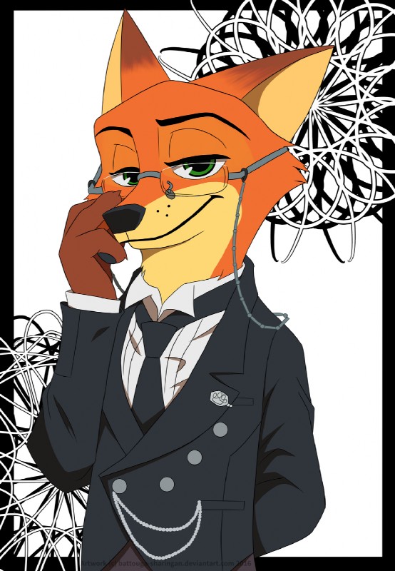 anthro brown_body brown_fur butler claws clothed clothing cosplay dipstick_ears ear_markings eyewear front_view fur glasses hand_behind_back looking_at_viewer male multicolored_ears necktie orange_body orange_fur shirt simple_background solo suit topwear white_background battouga-sharingan black_butler disney kuroshitsuji zootopia nick_wilde sebastian_michaelis canid canine fox mammal red_fox true_fox 2016 hi_res