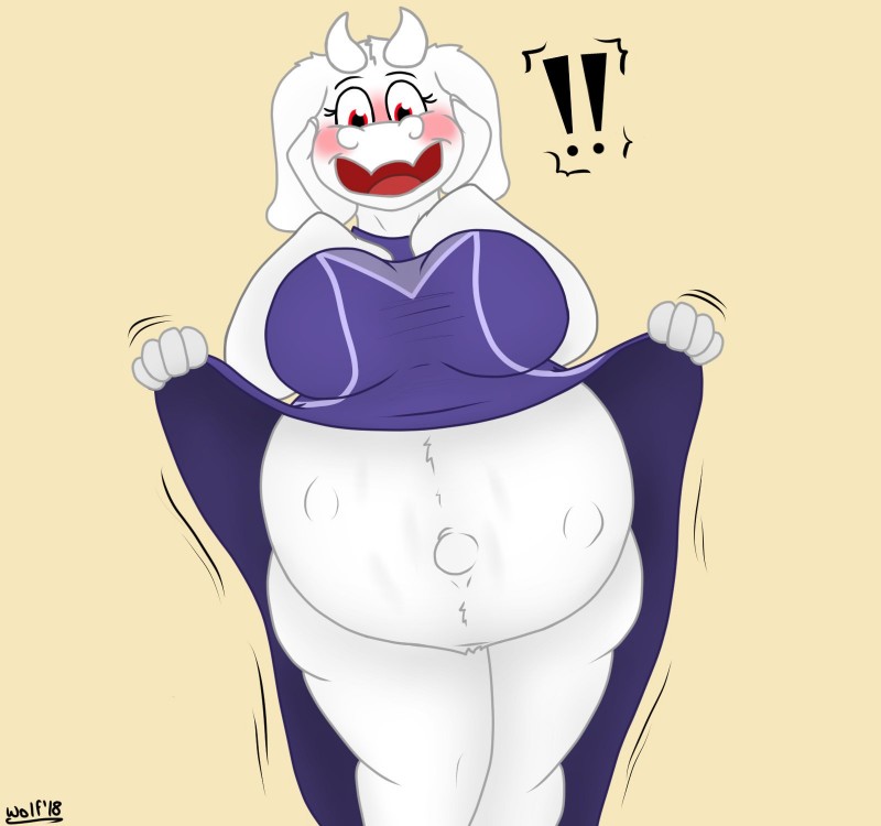 anthro belly big_belly big_breasts blush breasts clothed clothing embarrassed female huge_belly hyper hyper_belly pregnant solo unborn_kicking undyingwolf undertale undertale_(series) toriel boss_monster_(undertale) bovid caprine mammal hi_res