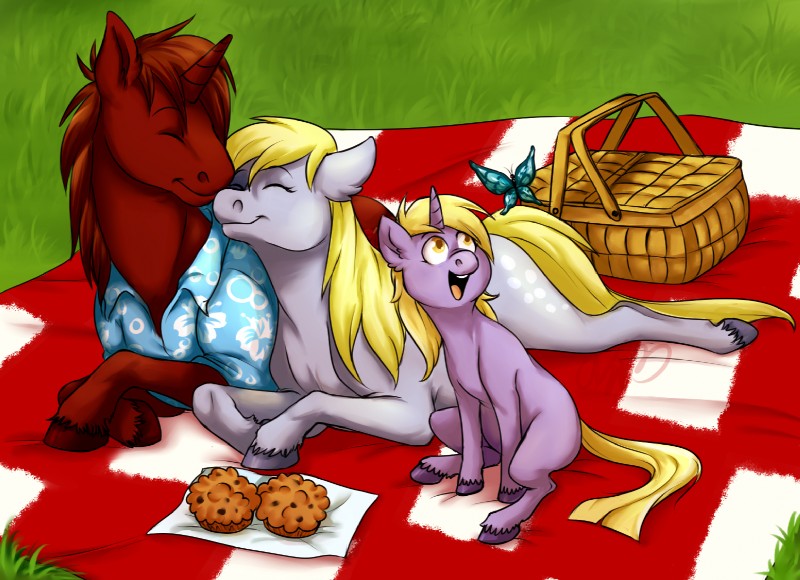 basket bedding blanket container eyes_closed female feral food grass group horn lying muffin open_mouth picnic picnic_basket plant sitting young young_feral cartoonlion friendship_is_magic hasbro my_little_pony mythology derpy_hooves_(mlp) dinky_hooves_(mlp) fan_character rum_chaser arthropod butterfly equid equine horse insect lepidopteran mammal mythological_creature mythological_equine pony unicorn