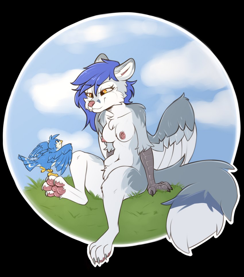 ambiguous_gender anthro arm_support beak bird_on_foot blue_body blue_feathers blue_hair blue_sky breasts casual_nudity cheek_tuft chest_tuft circle_background claws cloud crotch_tuft day duo eye_contact facial_tuft feathered_wings feathers female feral fur grass grey_claws hair larger_anthro looking_at_another navel nude on_foot on_grass on_one_leg orange_eyes pawpads pink_nose pink_pawpads plant scuted_arms scutes simple_background sitting size_difference sky smaller_feral smile spread_wings standing tail tail_feathers transparent_background tuft white_body white_feathers wings atane27 gabriel_serealia avian bird canid canine enfield hybrid mammal 2023 alpha_channel hi_res portrait