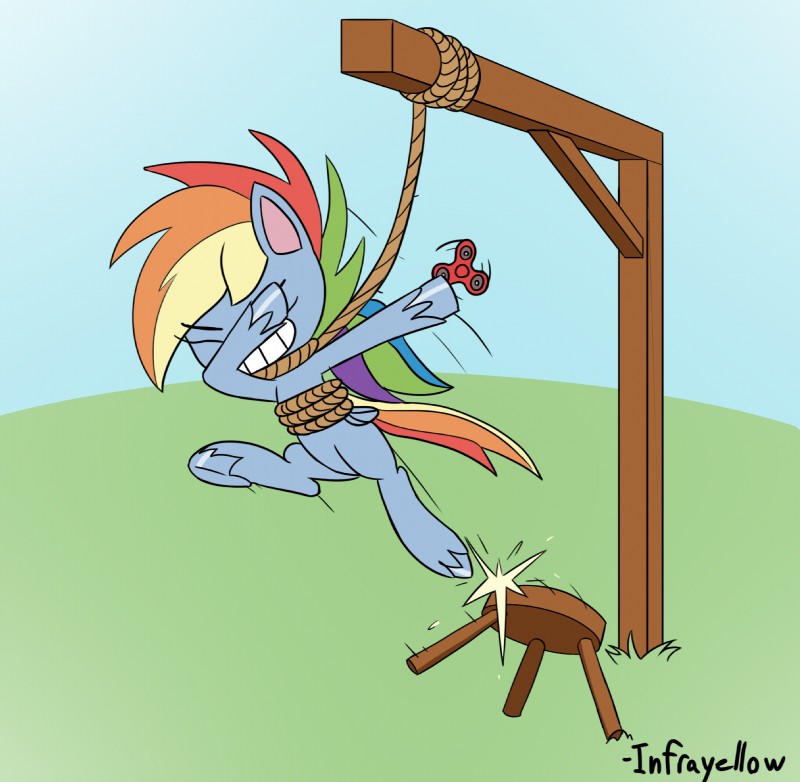 bound dabbing feathered_wings feathers feral fidget_spinner gallows imminent_death noose shitpost solo suicide what what_has_magic_done where_is_your_god_now why wings infrayellow friendship_is_magic hasbro my_little_pony my_little_pony:_pony_life mythology rainbow_dash_(mlp) equid equine mammal mythological_creature mythological_equine pegasus 2019 hi_res meme